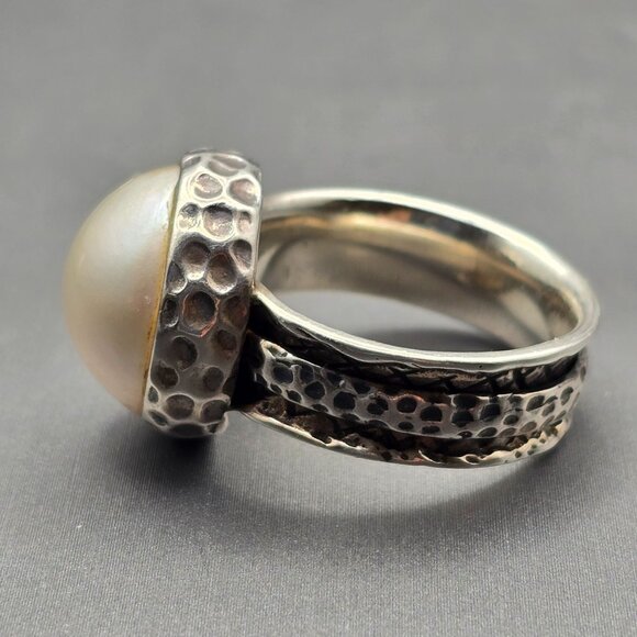 Sterling Silver Cultivated Mabe 14.8mm Pearl Ring Size 9.5 Textured Fidget 11g - Picture 2 of 11